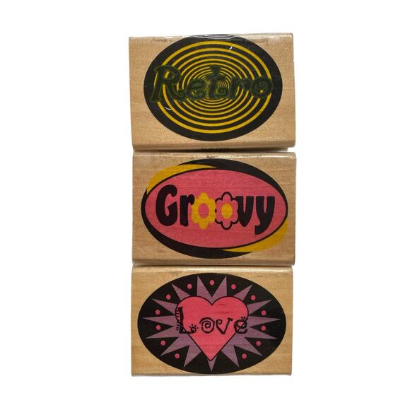 Vintage *NEW* WESTWATER 1999 Groovy Retro Love Wood Mount Ink Stamp Set of 3 - Picture 1 of 6